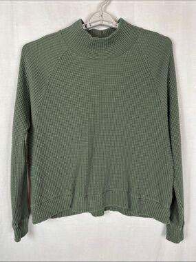 The North Face Olive Green Waffle Knit Cotton Long Sleeve Mock Neck Shirt
